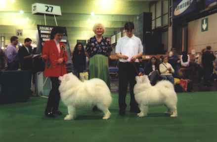 Pam judging at Crufts in 1997. Pictured with her B.O.B. dog and best bitch.